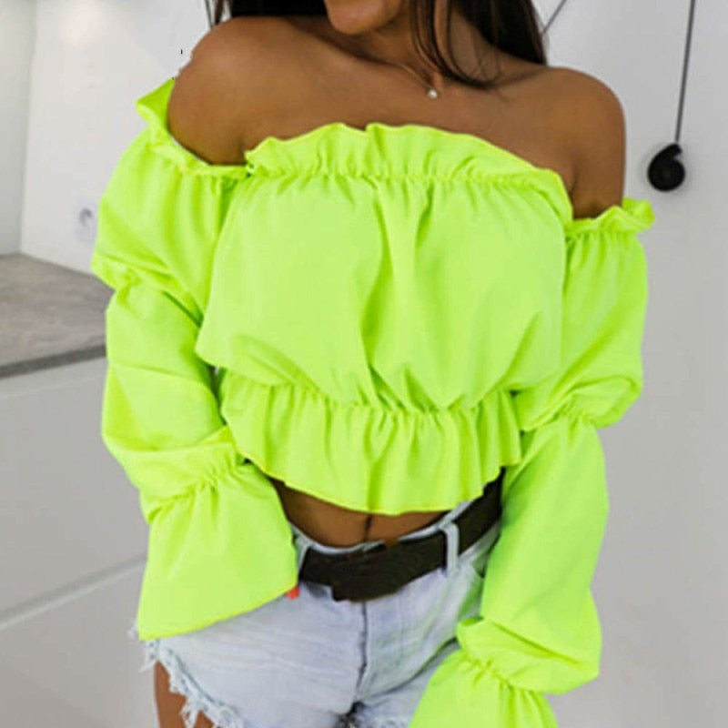 "Candy Color Off Shoulder Crop Top" Sexy Beach Blouse