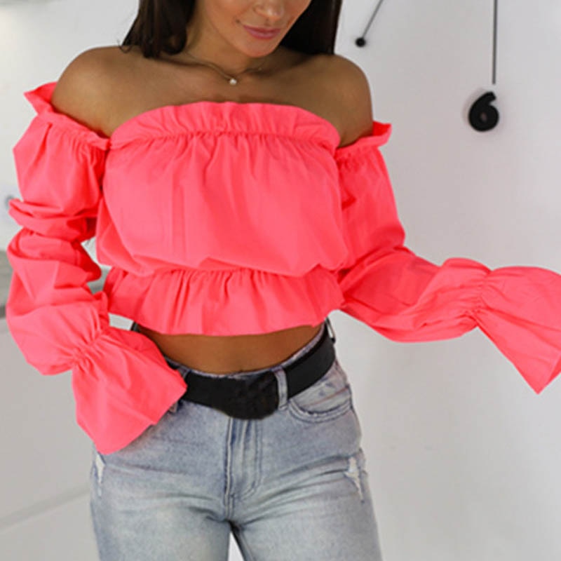 "Candy Color Off Shoulder Crop Top" Sexy Beach Blouse