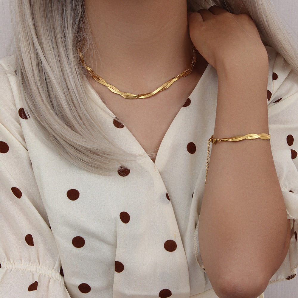 "Lover's Gold" Gold Plated Waterproof Braided New Herringbone Chain Necklace Bracelets Set