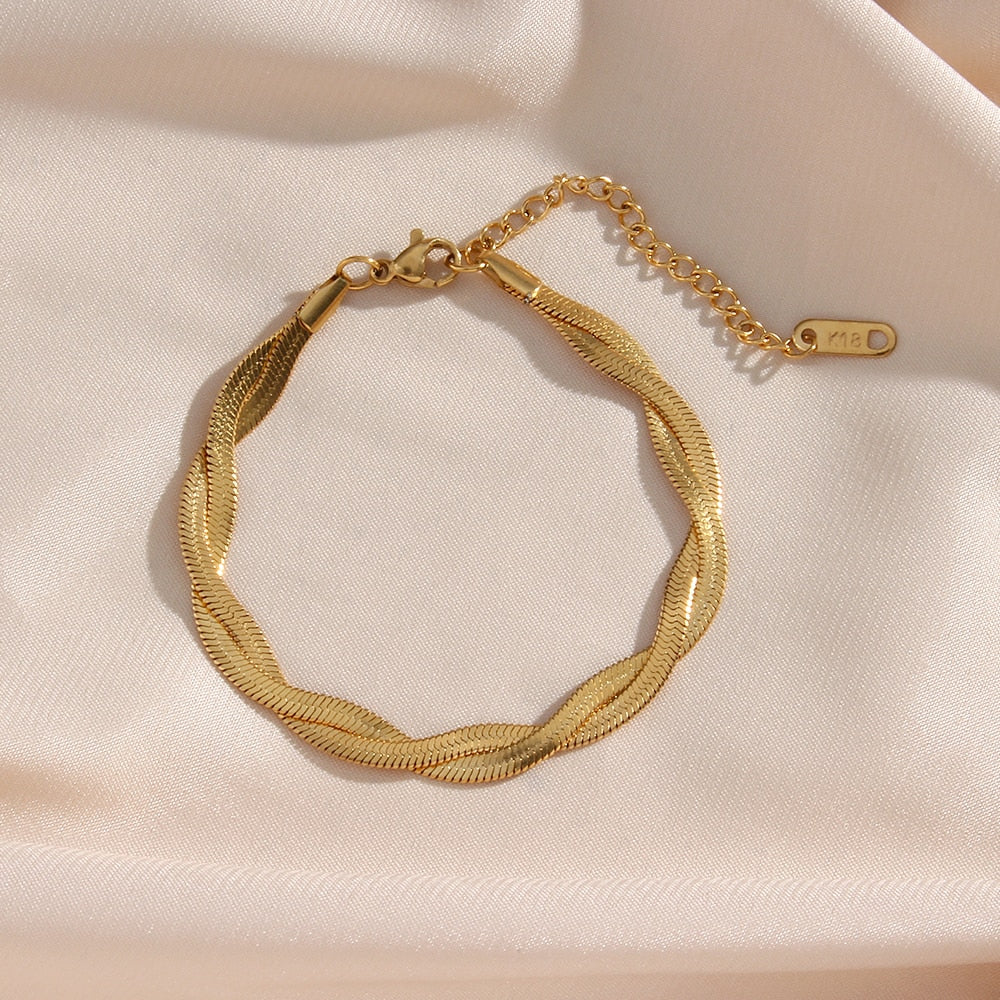 "Lover's Gold" Gold Plated Waterproof Braided New Herringbone Chain Necklace Bracelets Set