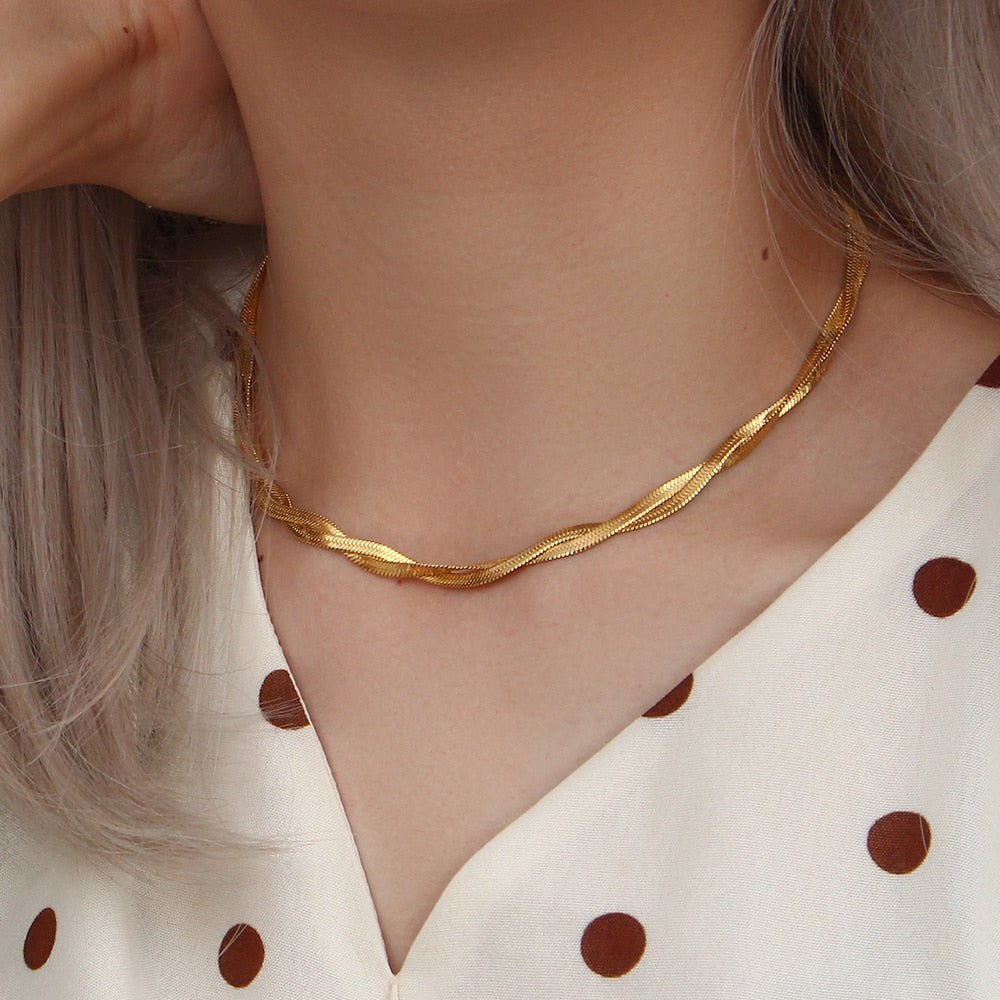 "Lover's Gold" Gold Plated Waterproof Braided New Herringbone Chain Necklace Bracelets Set