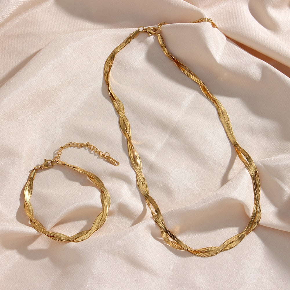 "Lover's Gold" Gold Plated Waterproof Braided New Herringbone Chain Necklace Bracelets Set