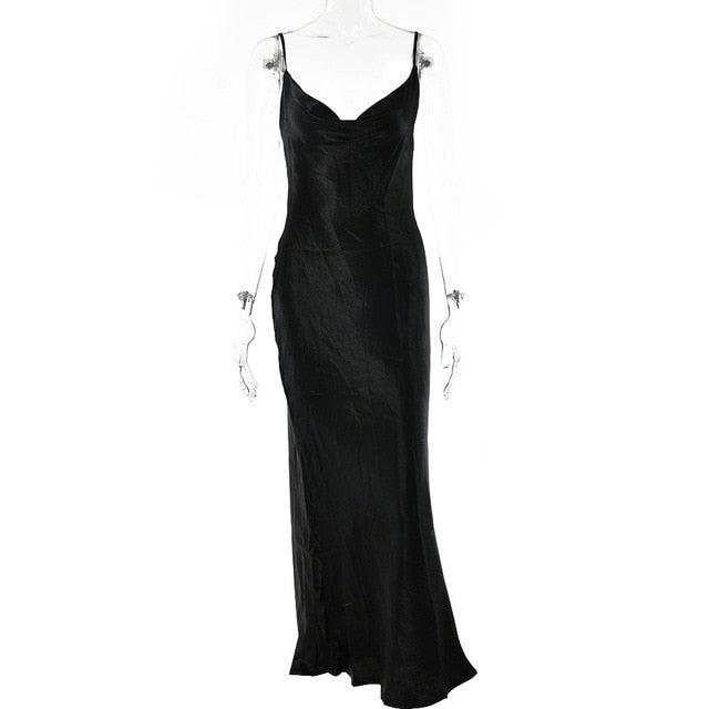 "Silk NightOut" LoveLee Spaghetti Strap Backless Satin Lace Up Trumpet Elegant Bodycon Dress