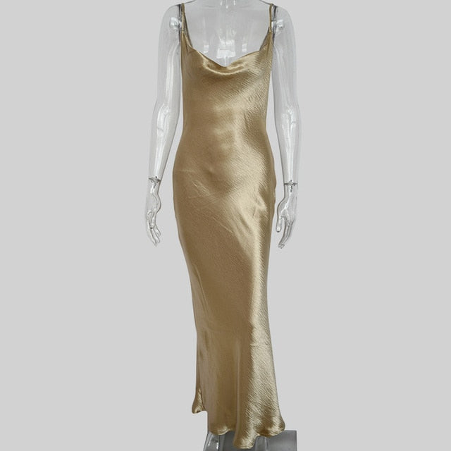 "Silk NightOut" LoveLee Spaghetti Strap Backless Satin Lace Up Trumpet Elegant Bodycon Dress
