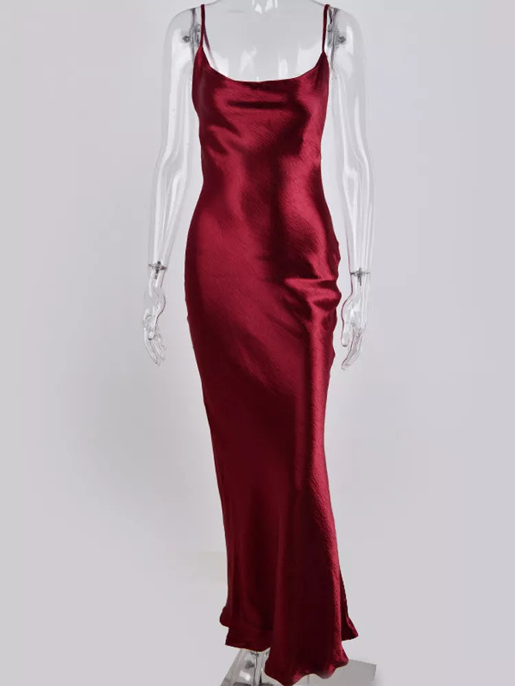 "Silk NightOut" LoveLee Spaghetti Strap Backless Satin Lace Up Trumpet Elegant Bodycon Dress