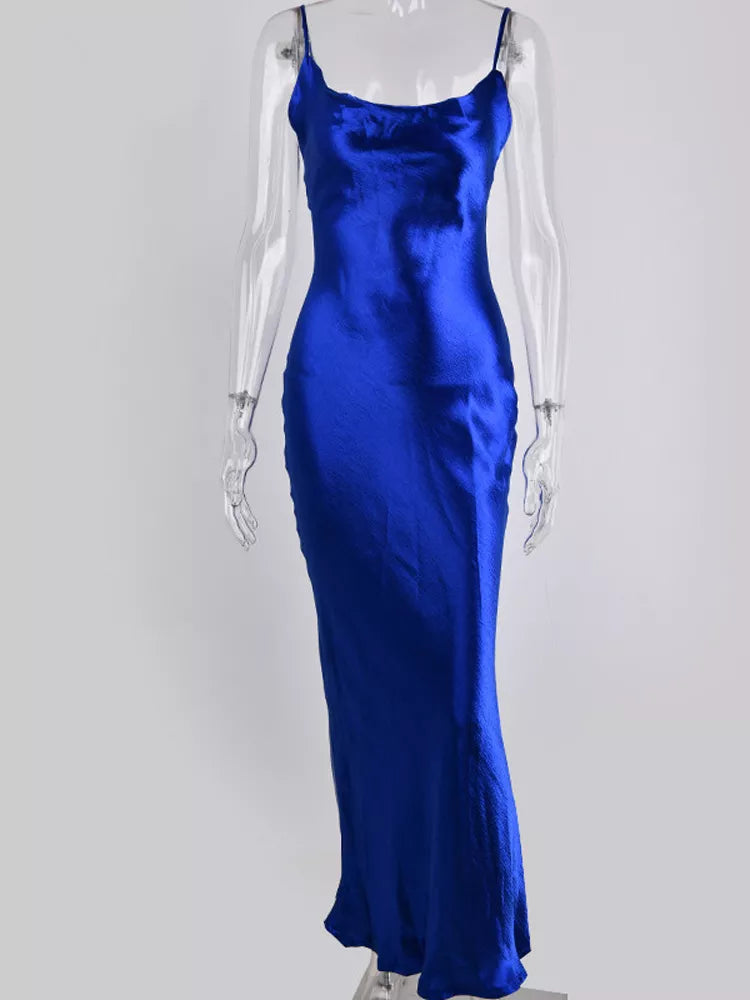 "Silk NightOut" LoveLee Spaghetti Strap Backless Satin Lace Up Trumpet Elegant Bodycon Dress