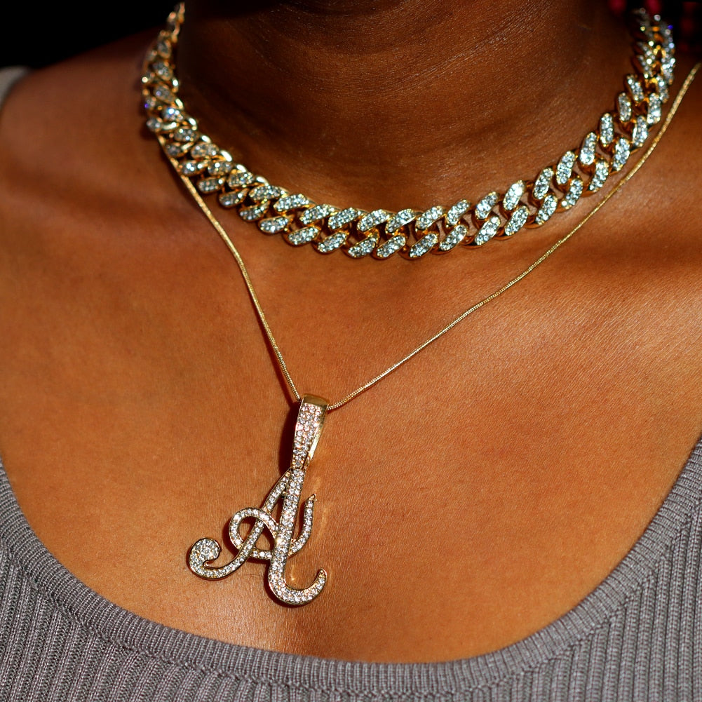 "Miss Bling" Iced Out Paved Rhinestone Cursive A-Z Initial Letter Rope Chain Necklace