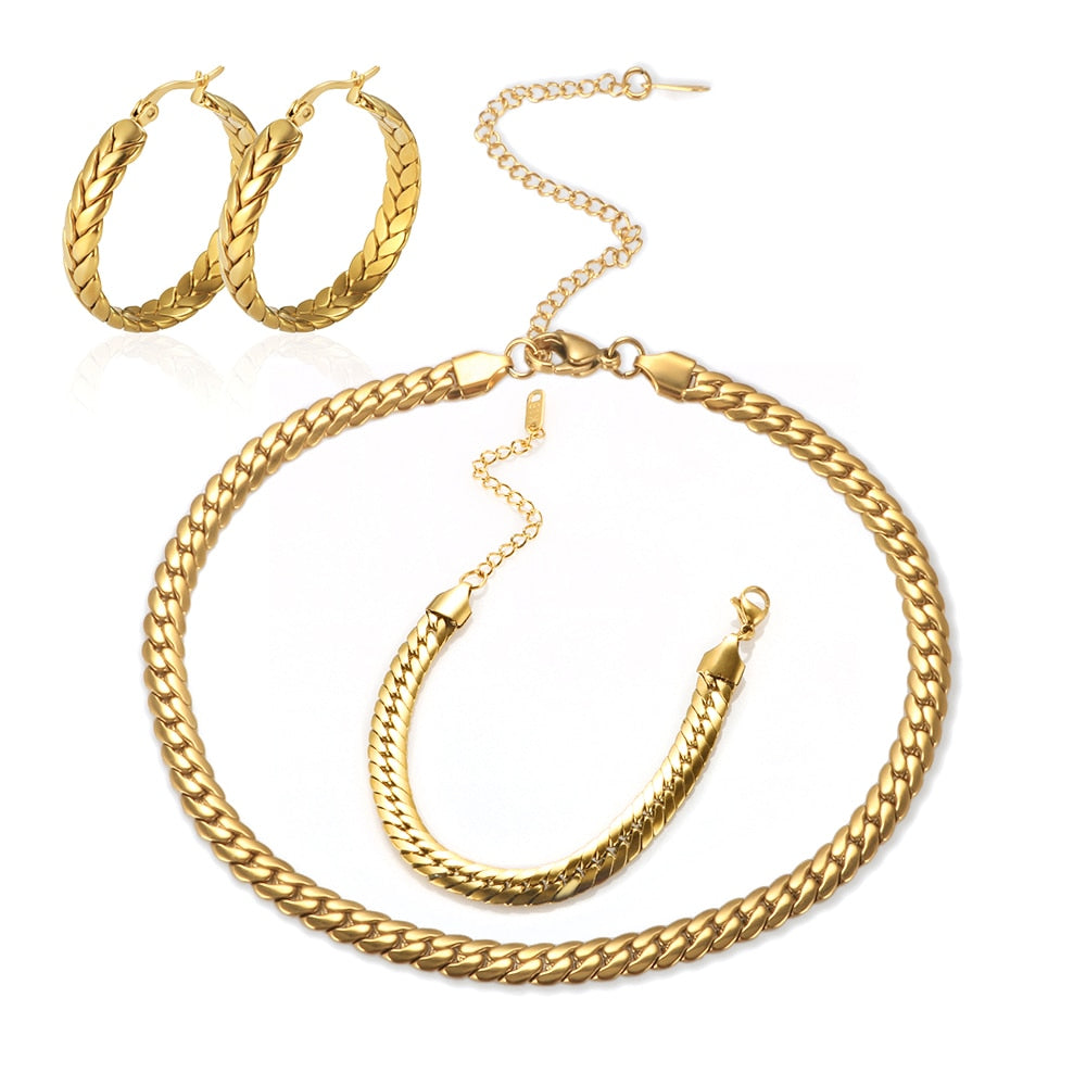 "Goldie Queen" Thick Braided Design Chain Necklace & Bracelet Jewelry Set