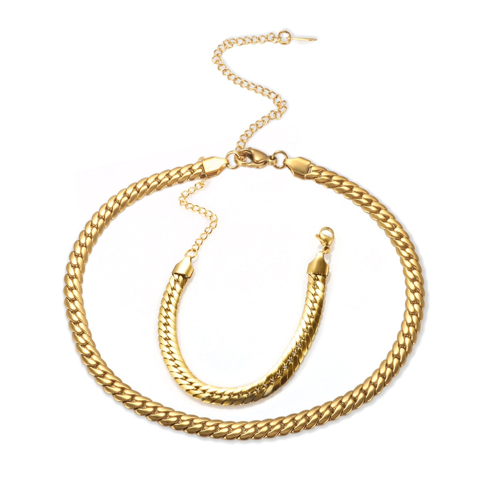 "Goldie Queen" Thick Braided Design Chain Necklace & Bracelet Jewelry Set