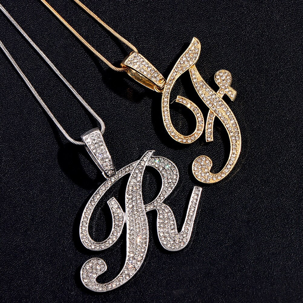 "Miss Bling" Iced Out Paved Rhinestone Cursive A-Z Initial Letter Rope Chain Necklace