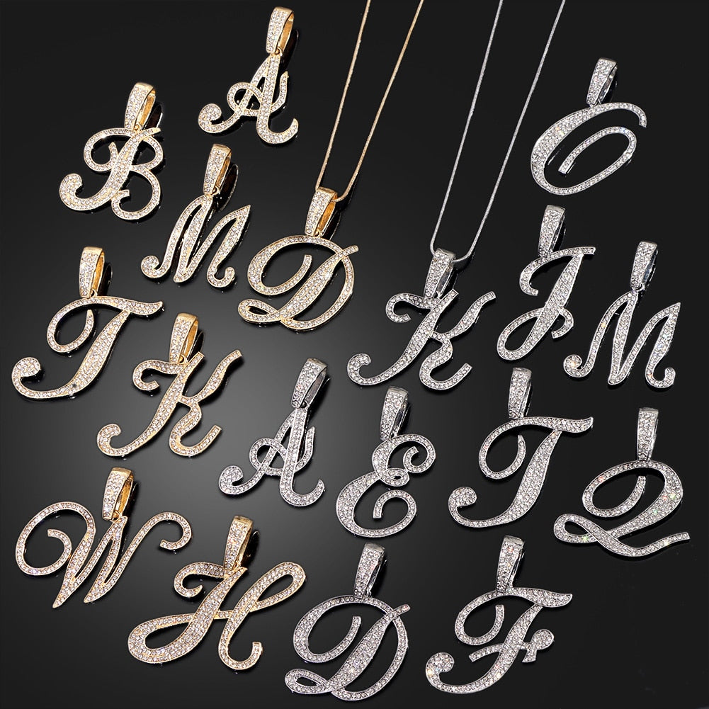 "Miss Bling" Iced Out Paved Rhinestone Cursive A-Z Initial Letter Rope Chain Necklace