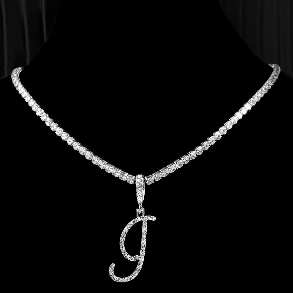 "Icee Initial Pendant & Chain" New Cursive Letter Intial Gold Silver Color CZ 26 Alphabet Icy Bling Pendant & Necklace