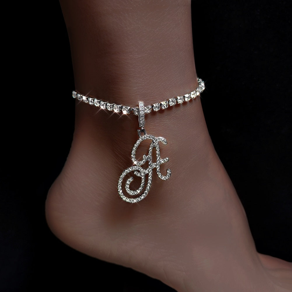 "Miss Shine" Fashion Cursive A-Z Initial Zircon Bling Crystal Tennis Anklet