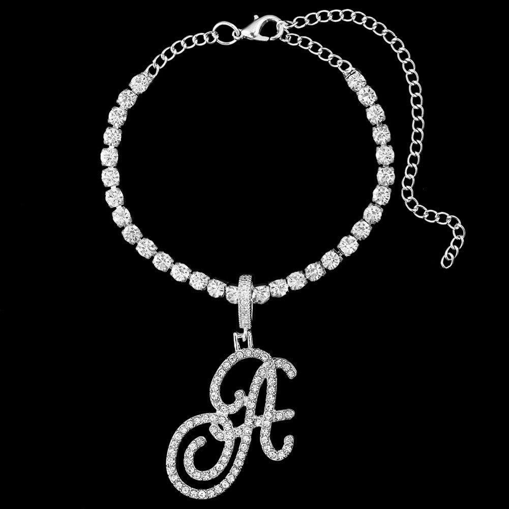 "Miss Shine" Fashion Cursive A-Z Initial Zircon Bling Crystal Tennis Anklet