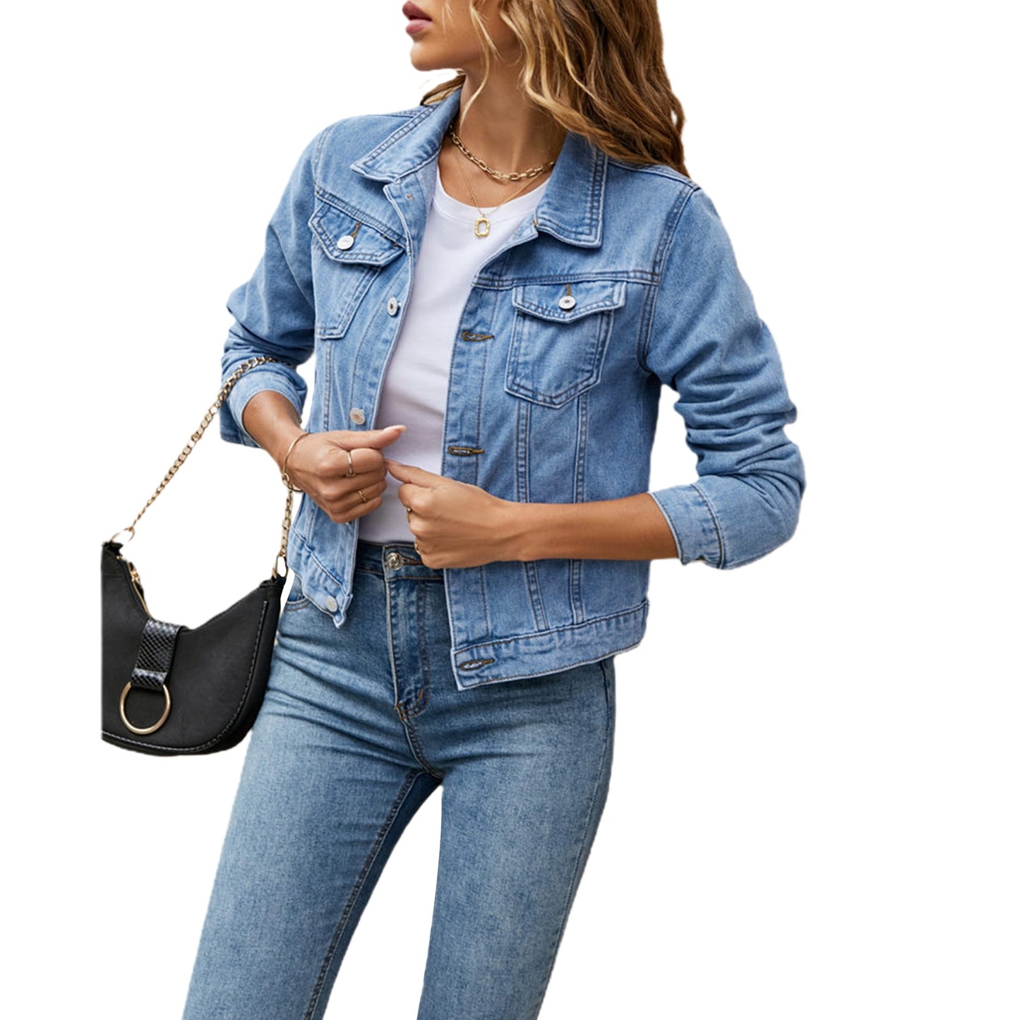 "Jeanie Jacket" Long Sleeve Solid Button Down Chest Pocket Jean Jacket