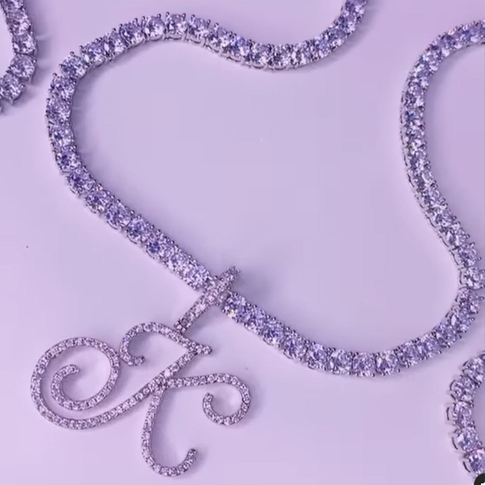 "Icee Initial Pendant & Chain" New Cursive Letter Intial Gold Silver Color CZ 26 Alphabet Icy Bling Pendant & Necklace