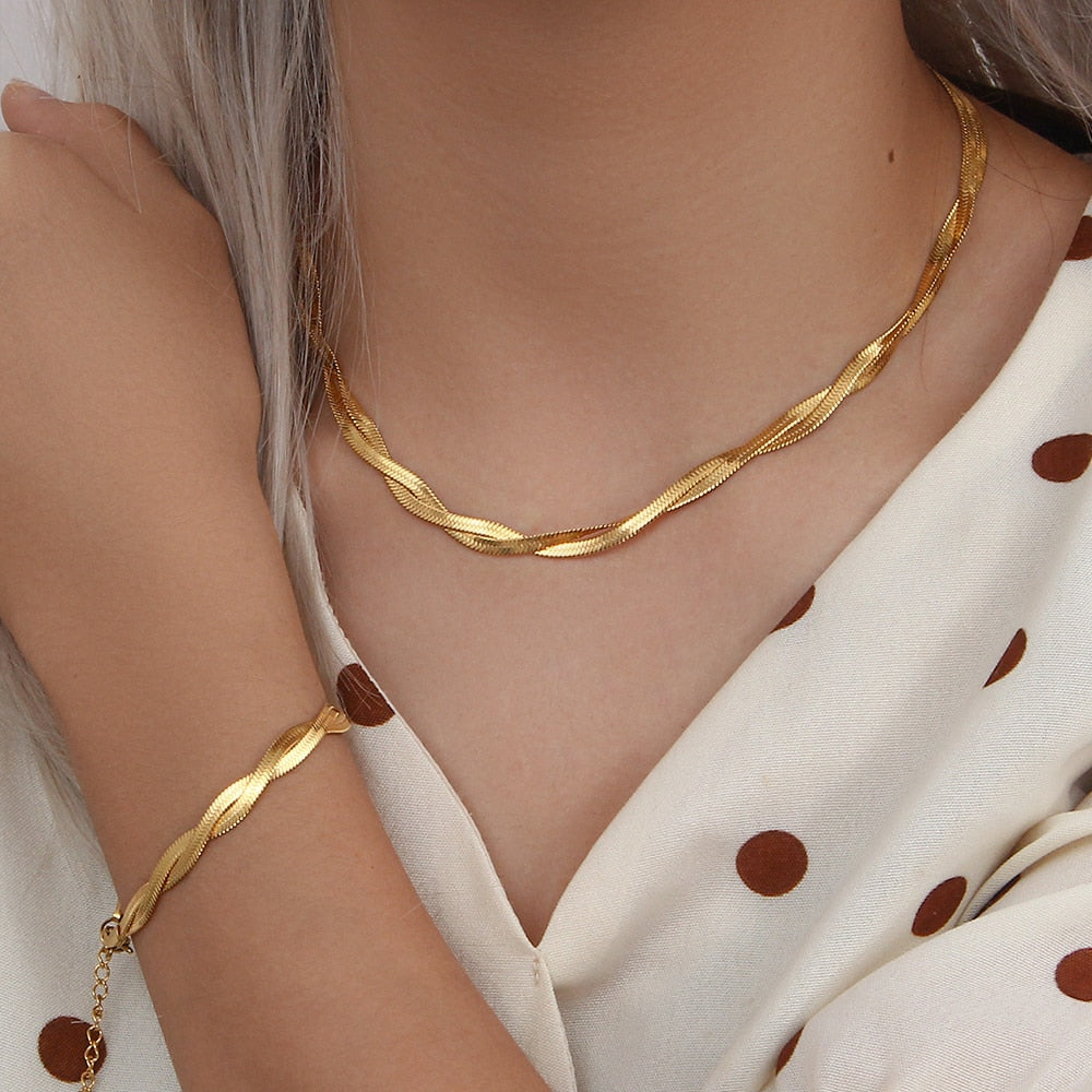 "Lover's Gold" Gold Plated Waterproof Braided New Herringbone Chain Necklace Bracelets Set