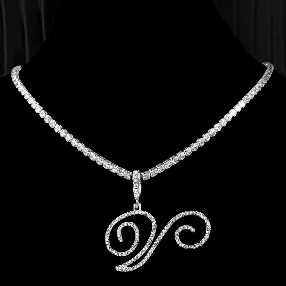 "Icee Initial Pendant & Chain" New Cursive Letter Intial Gold Silver Color CZ 26 Alphabet Icy Bling Pendant & Necklace