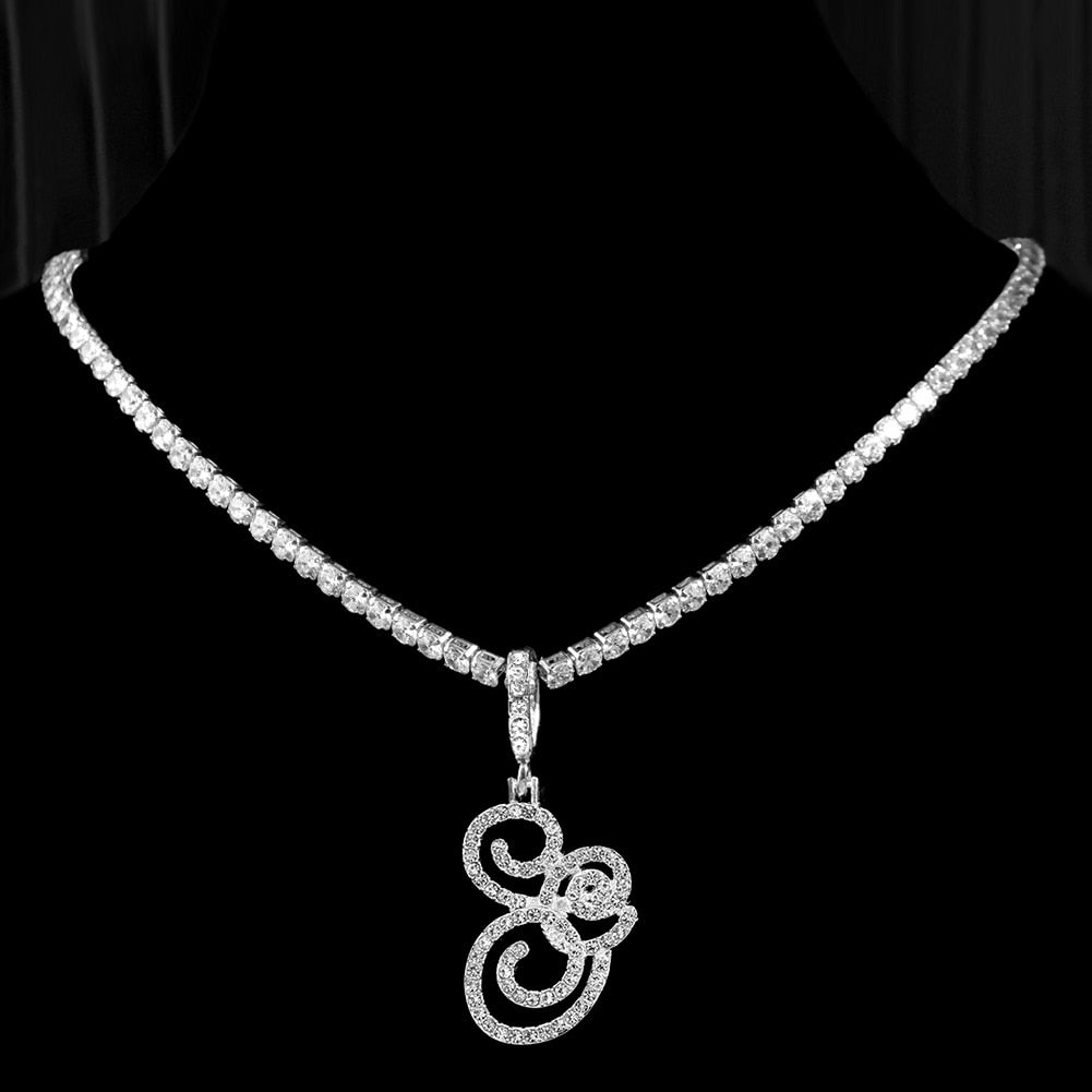 "Icee Initial Pendant & Chain" New Cursive Letter Intial Gold Silver Color CZ 26 Alphabet Icy Bling Pendant & Necklace