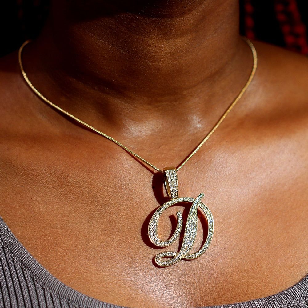 "Miss Bling" Iced Out Paved Rhinestone Cursive A-Z Initial Letter Rope Chain Necklace