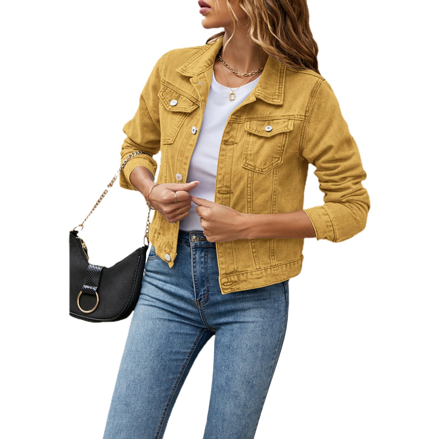 "Jeanie Jacket" Long Sleeve Solid Button Down Chest Pocket Jean Jacket