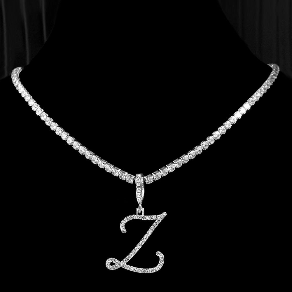"Icee Initial Pendant & Chain" New Cursive Letter Intial Gold Silver Color CZ 26 Alphabet Icy Bling Pendant & Necklace