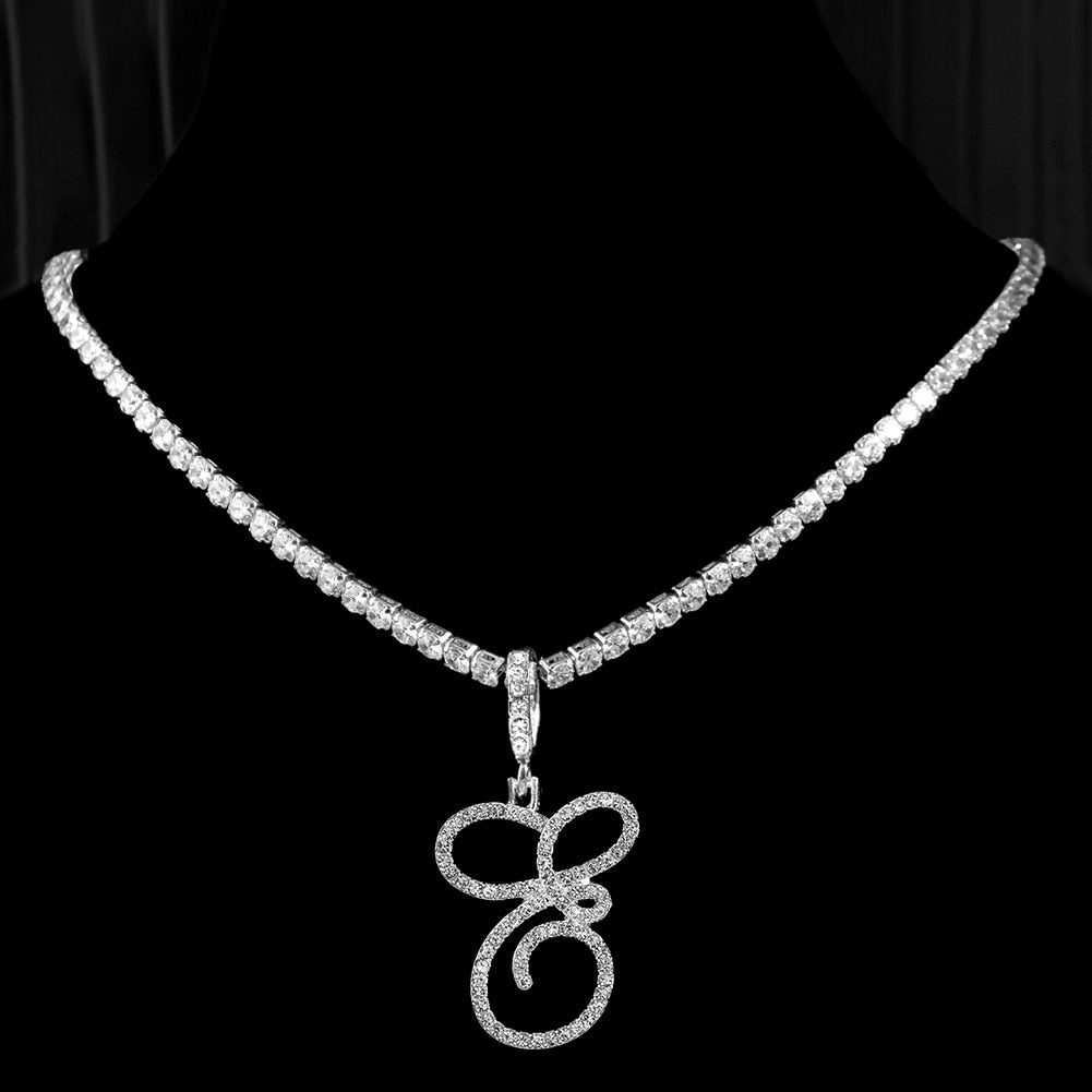 "Icee Initial Pendant & Chain" New Cursive Letter Intial Gold Silver Color CZ 26 Alphabet Icy Bling Pendant & Necklace