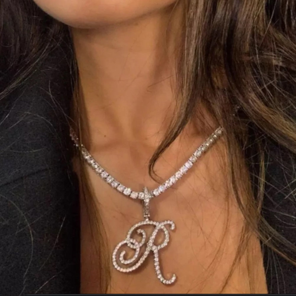 "Icee Initial Pendant & Chain" New Cursive Letter Intial Gold Silver Color CZ 26 Alphabet Icy Bling Pendant & Necklace