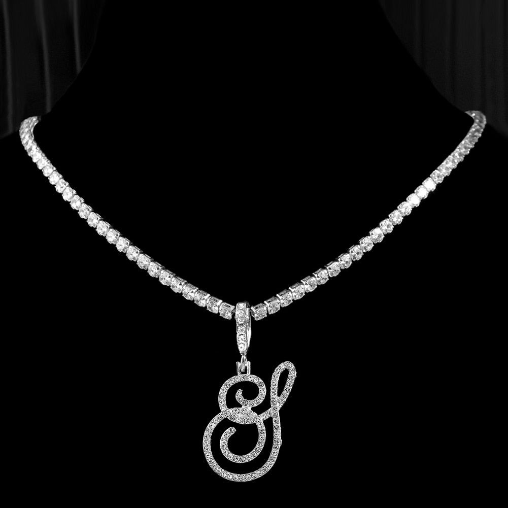 "Icee Initial Pendant & Chain" New Cursive Letter Intial Gold Silver Color CZ 26 Alphabet Icy Bling Pendant & Necklace