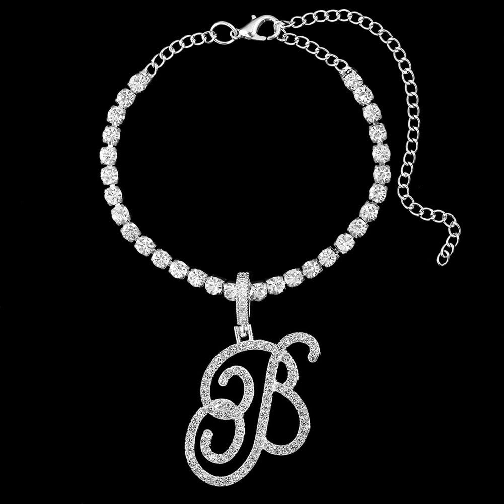 "Miss Shine" Fashion Cursive A-Z Initial Zircon Bling Crystal Tennis Anklet