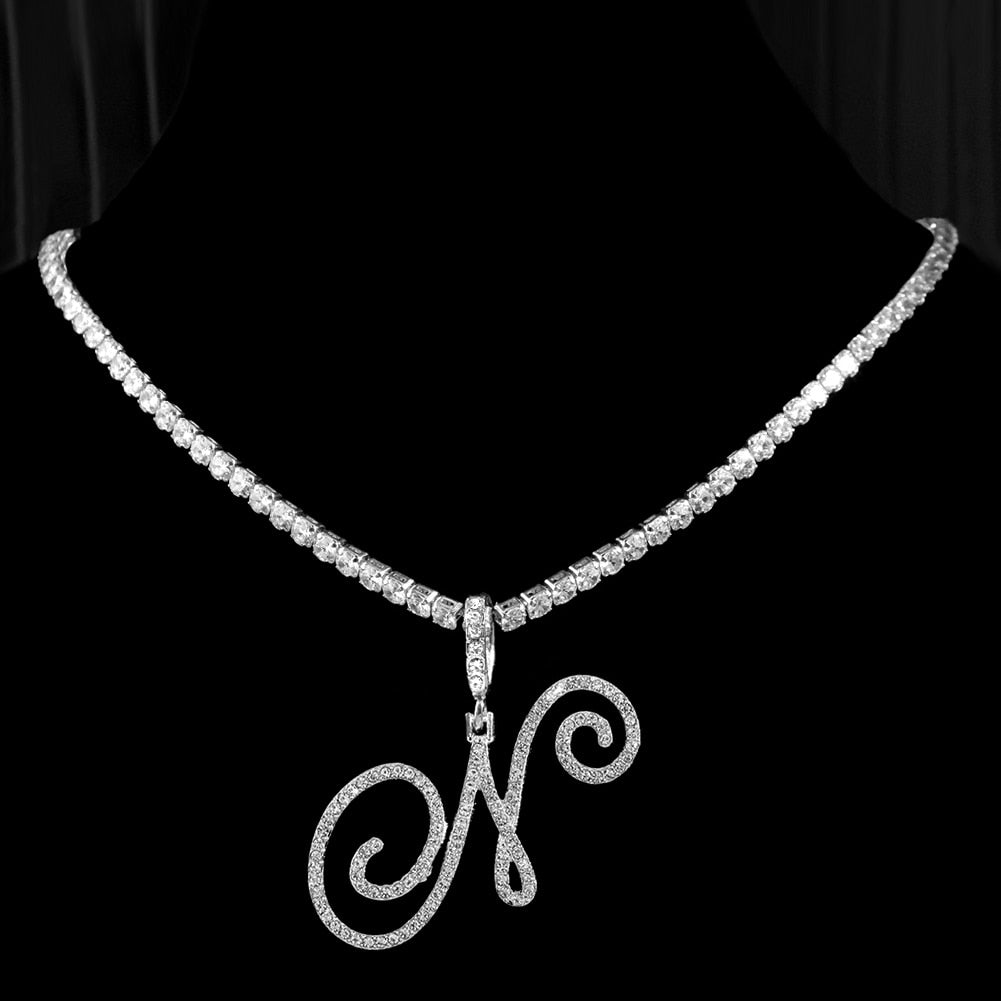 "Icee Initial Pendant & Chain" New Cursive Letter Intial Gold Silver Color CZ 26 Alphabet Icy Bling Pendant & Necklace