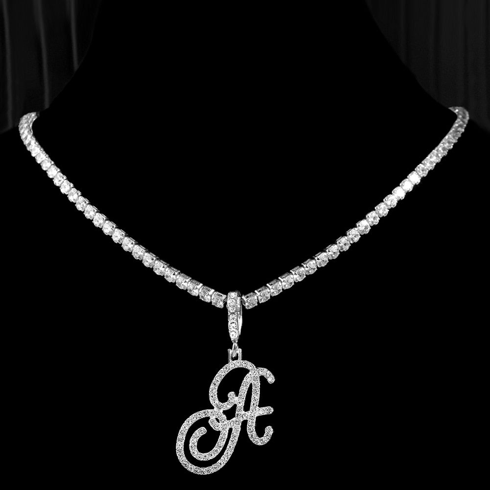 "Icee Initial Pendant & Chain" New Cursive Letter Intial Gold Silver Color CZ 26 Alphabet Icy Bling Pendant & Necklace
