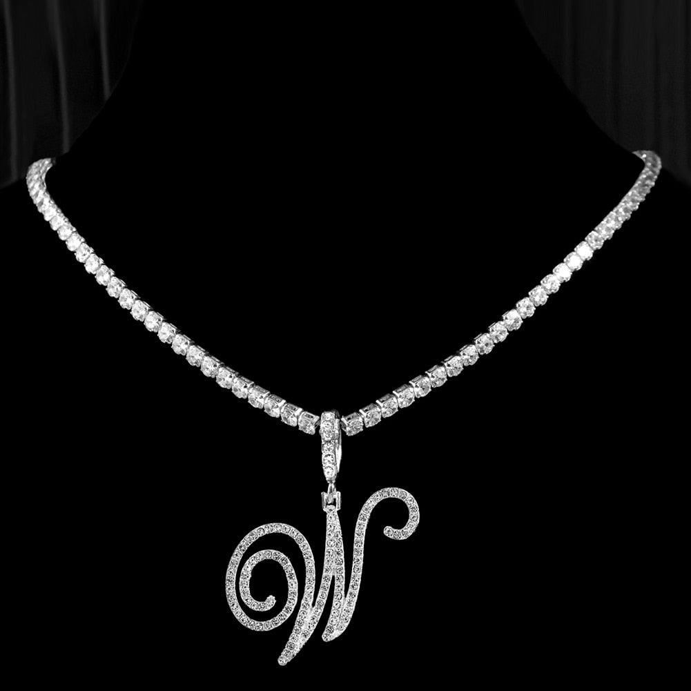 "Icee Initial Pendant & Chain" New Cursive Letter Intial Gold Silver Color CZ 26 Alphabet Icy Bling Pendant & Necklace