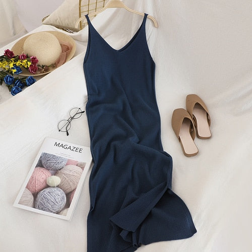 "Soft Beauty" V Neck Solid Knitted Comfort Dress