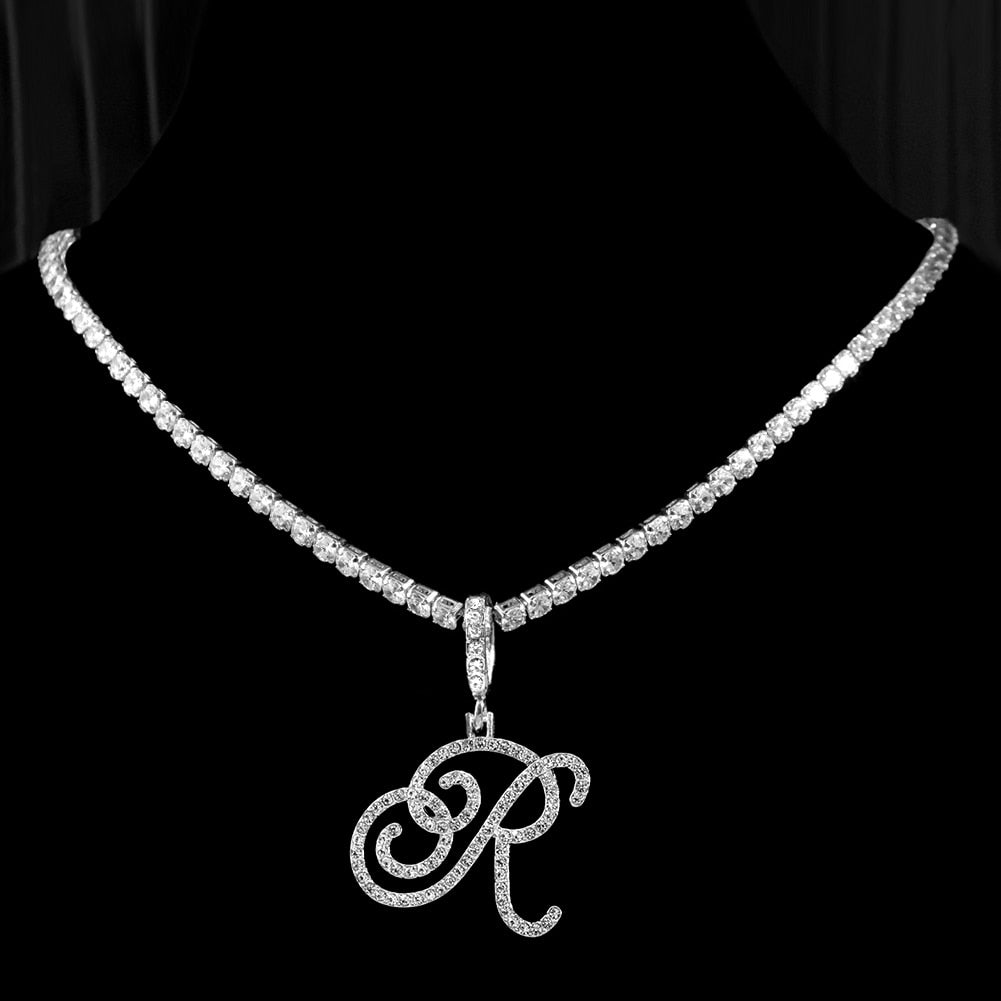 "Icee Initial Pendant & Chain" New Cursive Letter Intial Gold Silver Color CZ 26 Alphabet Icy Bling Pendant & Necklace