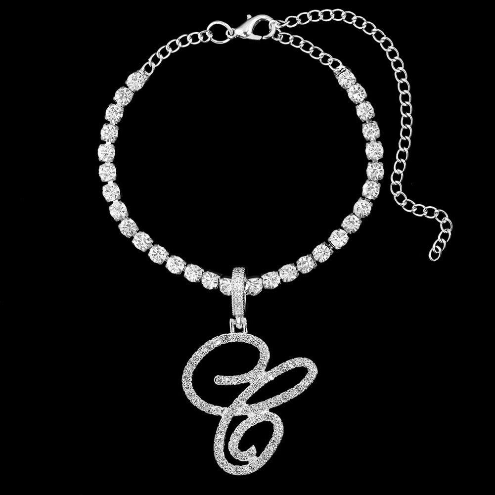 "Miss Shine" Fashion Cursive A-Z Initial Zircon Bling Crystal Tennis Anklet