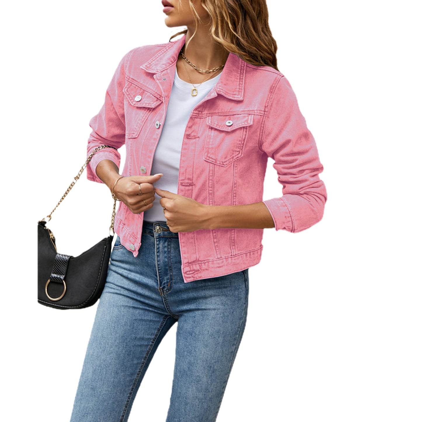 "Jeanie Jacket" Long Sleeve Solid Button Down Chest Pocket Jean Jacket