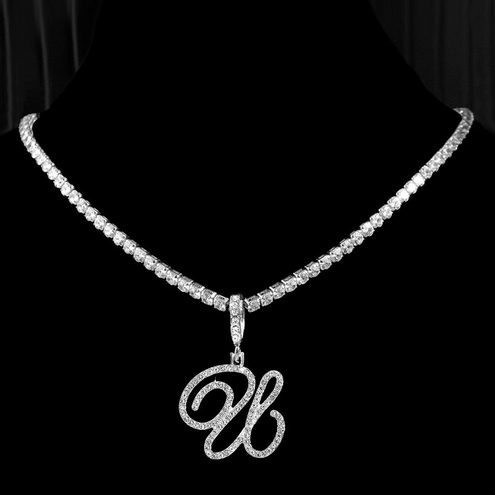 "Icee Initial Pendant & Chain" New Cursive Letter Intial Gold Silver Color CZ 26 Alphabet Icy Bling Pendant & Necklace