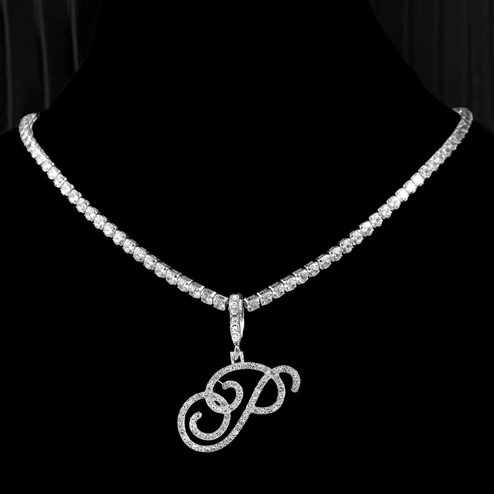 "Icee Initial Pendant & Chain" New Cursive Letter Intial Gold Silver Color CZ 26 Alphabet Icy Bling Pendant & Necklace