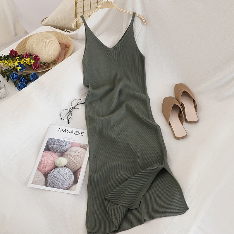 "Soft Beauty" V Neck Solid Knitted Comfort Dress