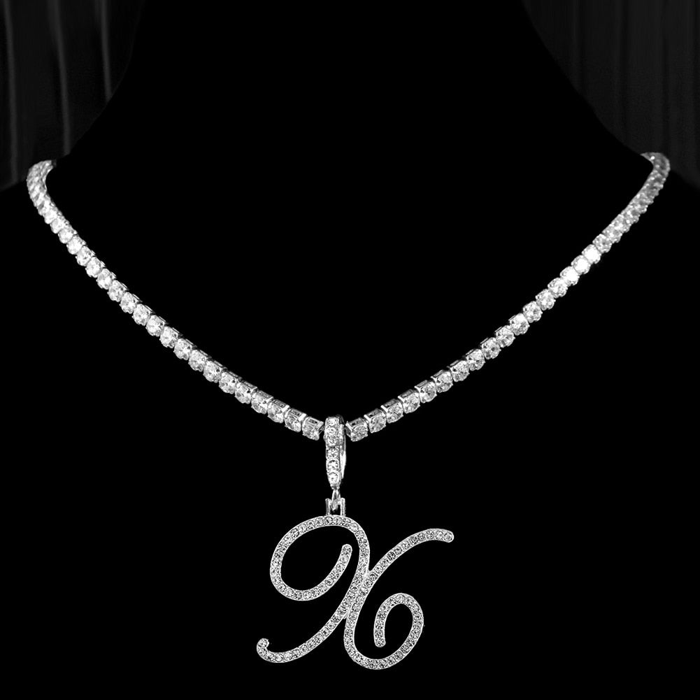 "Icee Initial Pendant & Chain" New Cursive Letter Intial Gold Silver Color CZ 26 Alphabet Icy Bling Pendant & Necklace