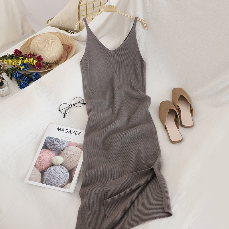 "Soft Beauty" V Neck Solid Knitted Comfort Dress