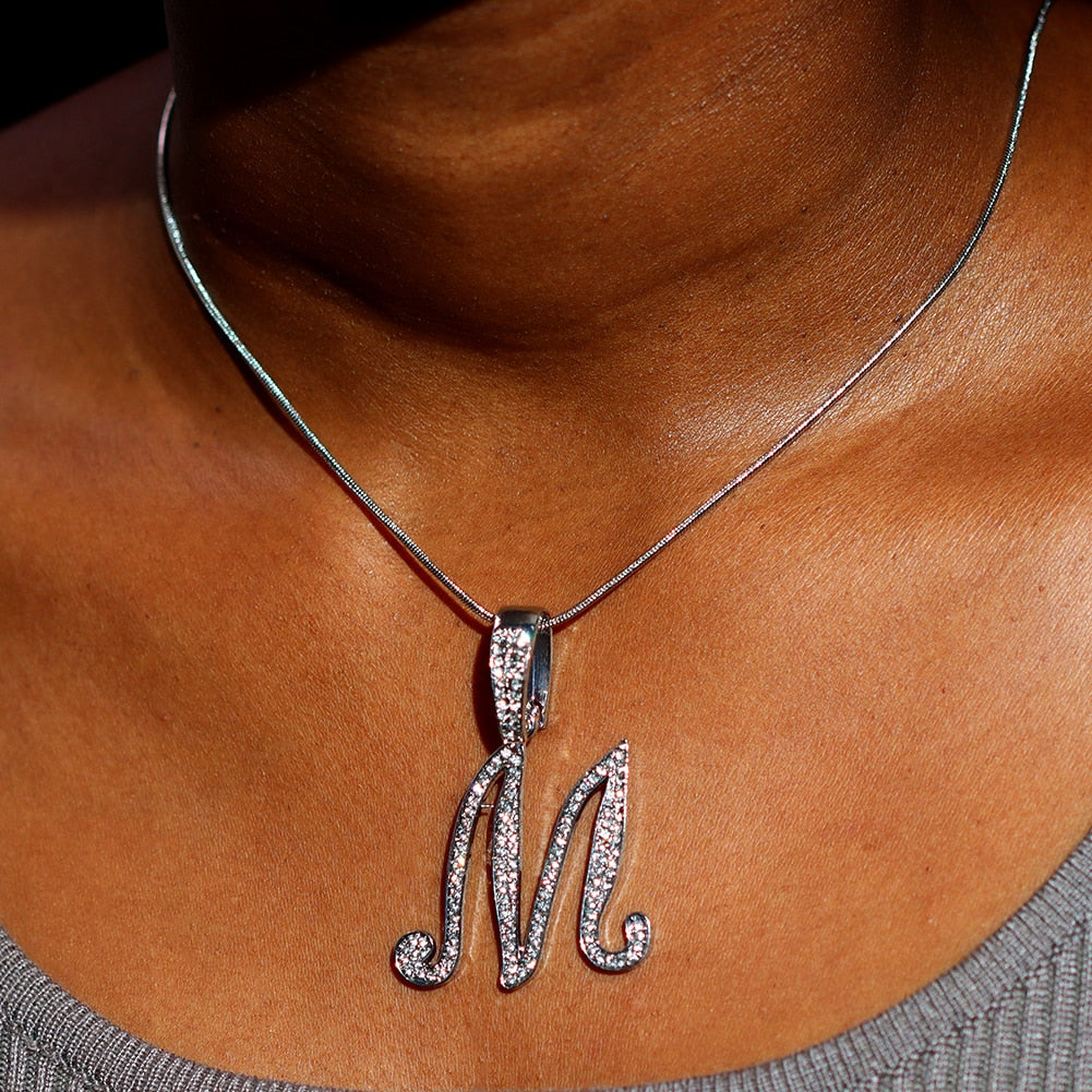 "Miss Bling" Iced Out Paved Rhinestone Cursive A-Z Initial Letter Rope Chain Necklace