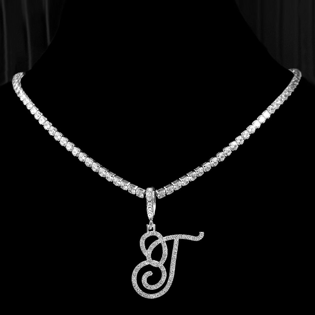 "Icee Initial Pendant & Chain" New Cursive Letter Intial Gold Silver Color CZ 26 Alphabet Icy Bling Pendant & Necklace