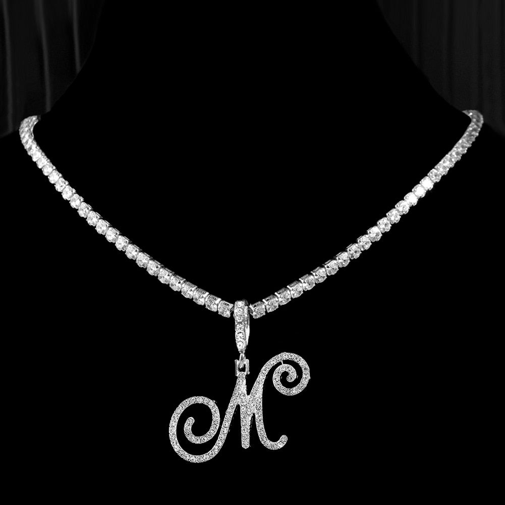 "Icee Initial Pendant & Chain" New Cursive Letter Intial Gold Silver Color CZ 26 Alphabet Icy Bling Pendant & Necklace