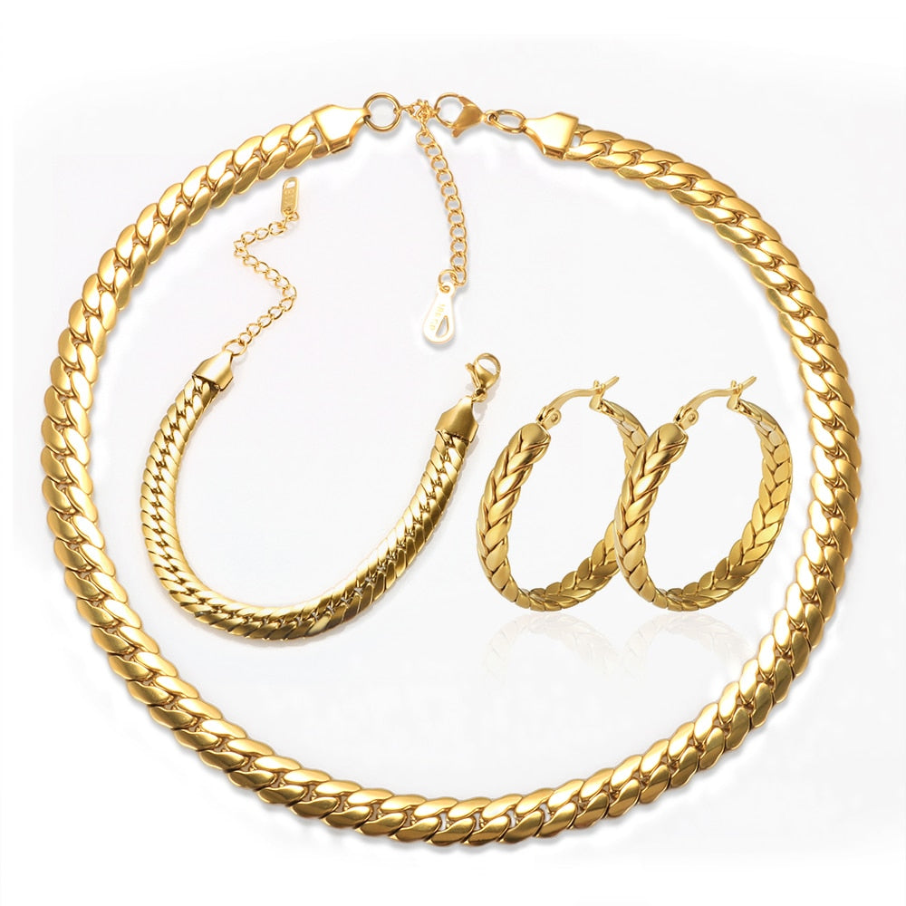 "Goldie Queen" Thick Braided Design Chain Necklace & Bracelet Jewelry Set