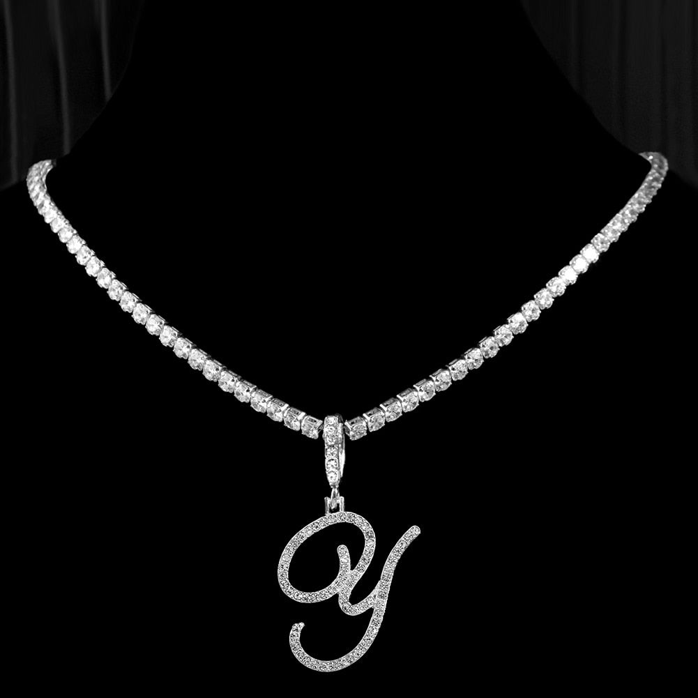 "Icee Initial Pendant & Chain" New Cursive Letter Intial Gold Silver Color CZ 26 Alphabet Icy Bling Pendant & Necklace