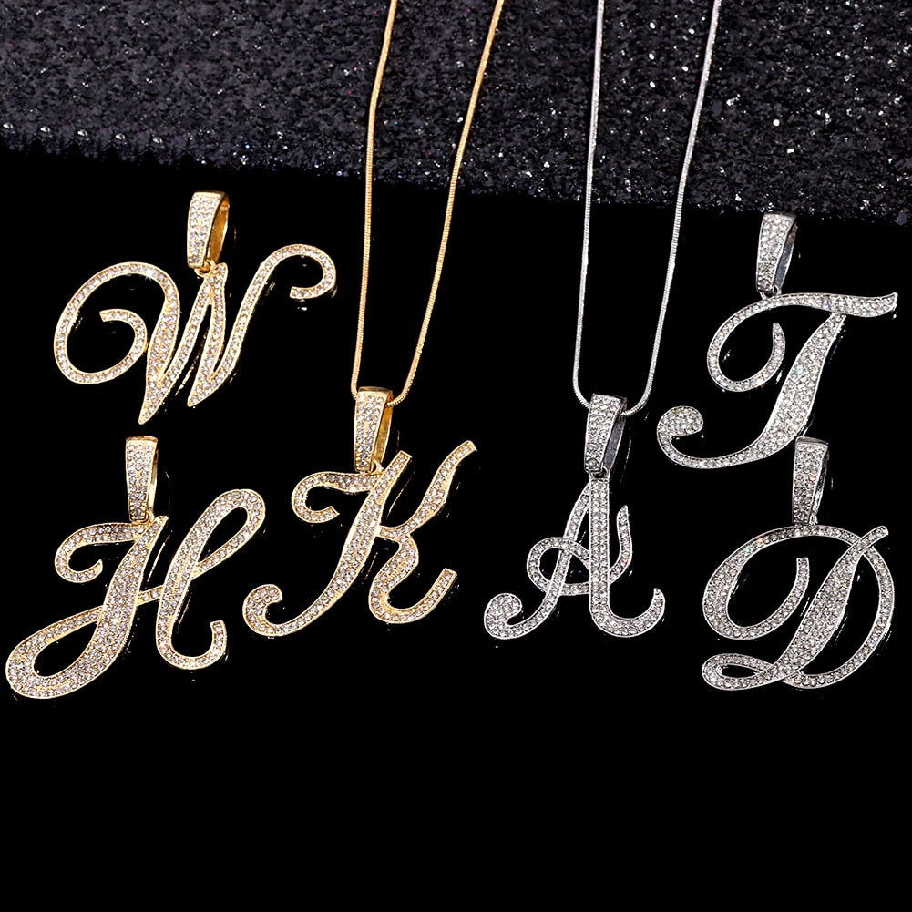 "Miss Bling" Iced Out Paved Rhinestone Cursive A-Z Initial Letter Rope Chain Necklace