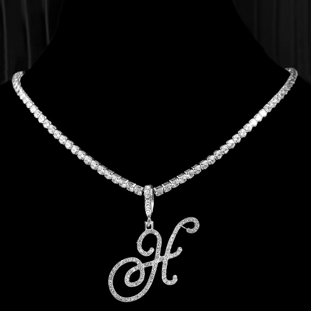 "Icee Initial Pendant & Chain" New Cursive Letter Intial Gold Silver Color CZ 26 Alphabet Icy Bling Pendant & Necklace