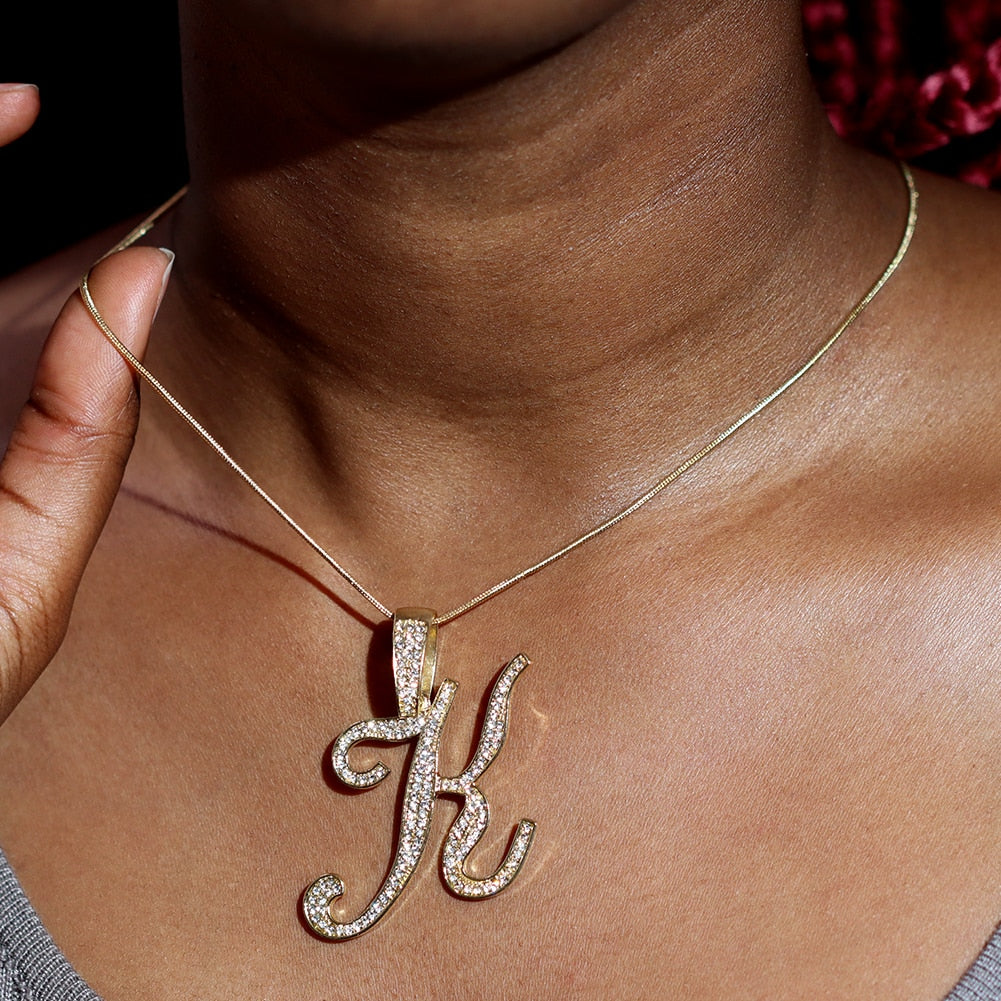 "Miss Bling" Iced Out Paved Rhinestone Cursive A-Z Initial Letter Rope Chain Necklace